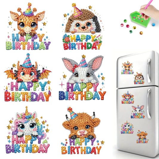6Pcs Acrylic Animals Birthday Diamond Art Fridge Magnet Stickers