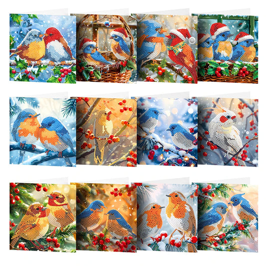 12Pcs Christmas Special Shape Bird Diamond Handmade Card Diamond Daily Wish Card Diamond Painting Greeting Card for Adults Kids