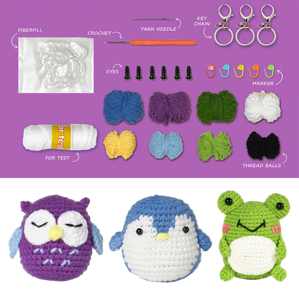 3Pcs Animal Crochet Kits Frog/Owl/Penguin Complete Crochet Kit